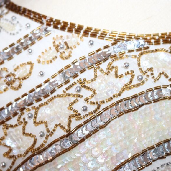 80s Evening Jacket Beads Sequins 100% Silk Ivory Gold Women's - Picture 10 of 16
